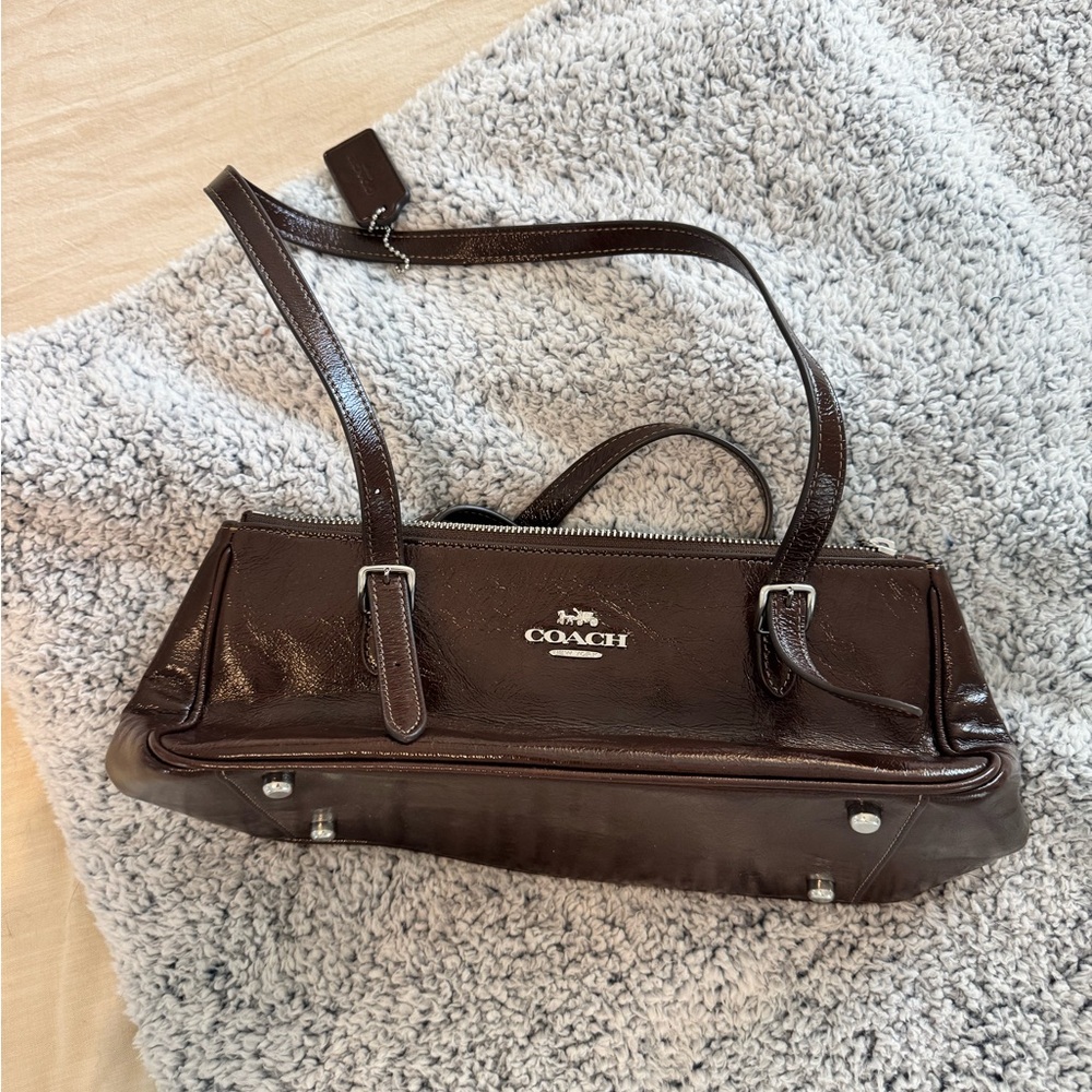 Coach Brown Patent Leather Tote with Silver Hardware